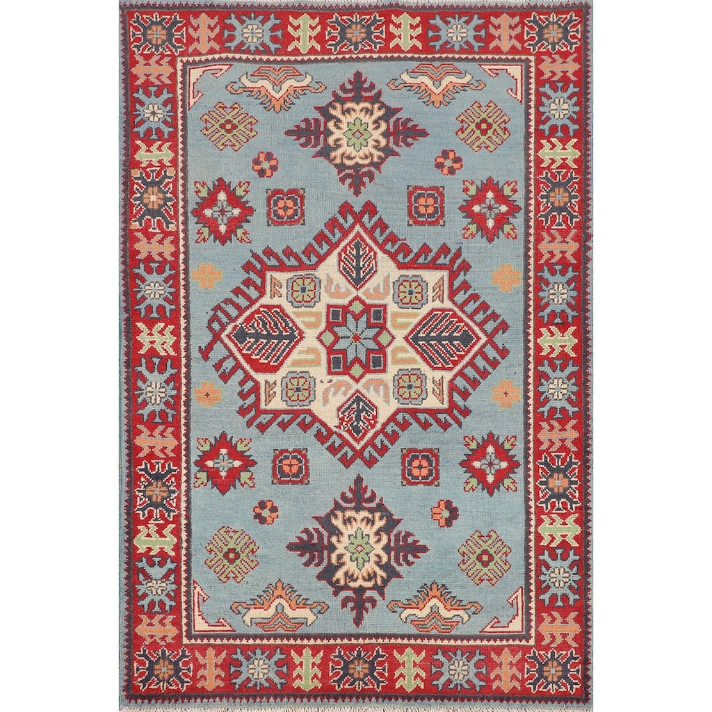 Geometric Blue Kazak Oriental Accent Rug Handmade Wool Carpet - 3'6" x 5'0"