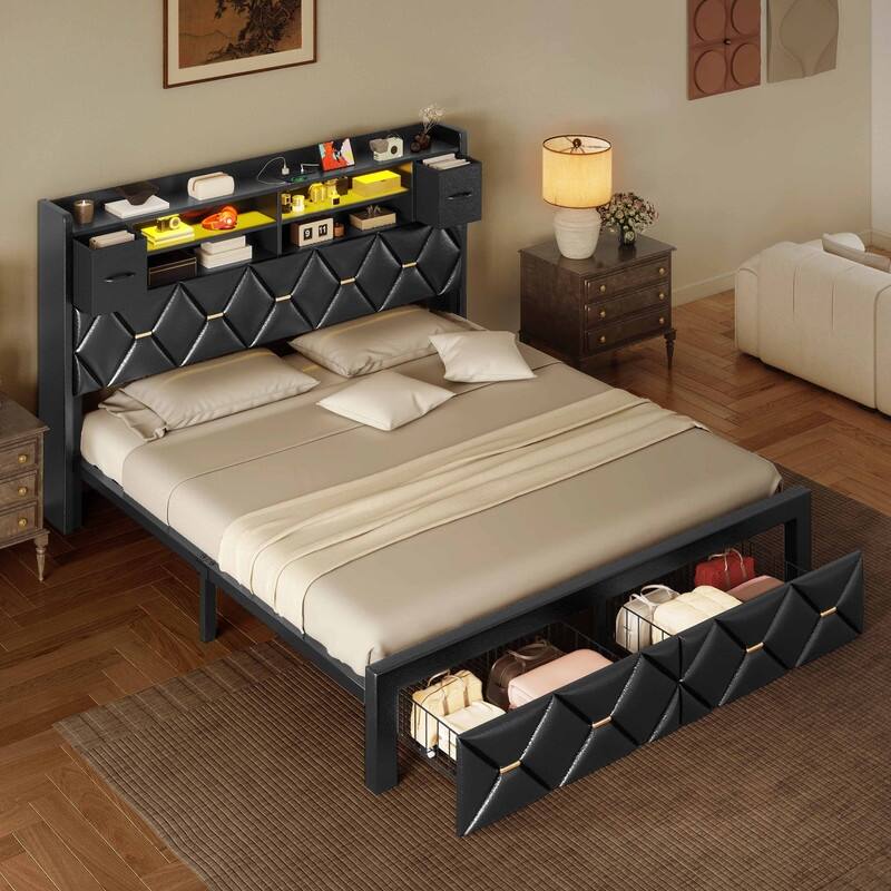 Moasis Upholstered Bed Frame with Storage Headboard And Charging Station and LED Light