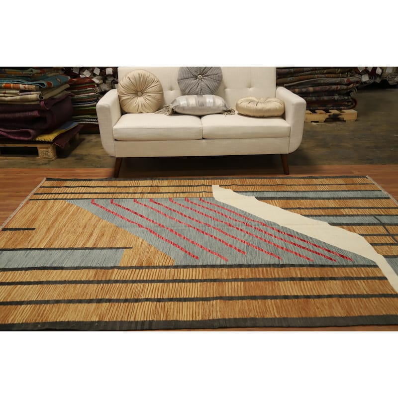 Hand Woven Oriental 100% Wool Carpet Southwestern Modern Multi-Colored Kilim Area Rug - 8' 7'' X 6' 1''