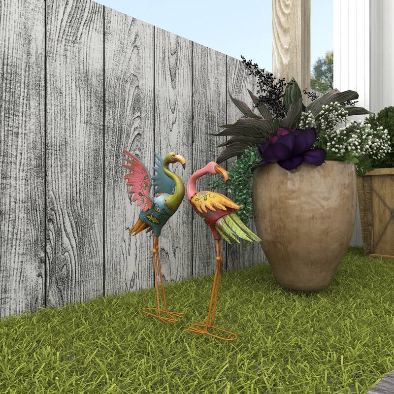 Multi Colored Metal Indoor Outdoor Embossed Standing Flamingo Decorative Garden Sculpture with Coiled U Shaped Feet (Set of 2)