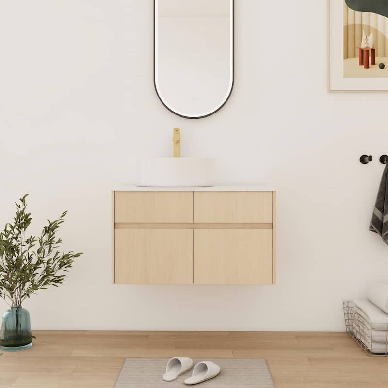 Bathroom Vanity With Sink In 32 Inch, Floating Bathroom Vanity With 2 Soft Close Doors And Drawer - 31.5''W - Fang White oak-Round sink