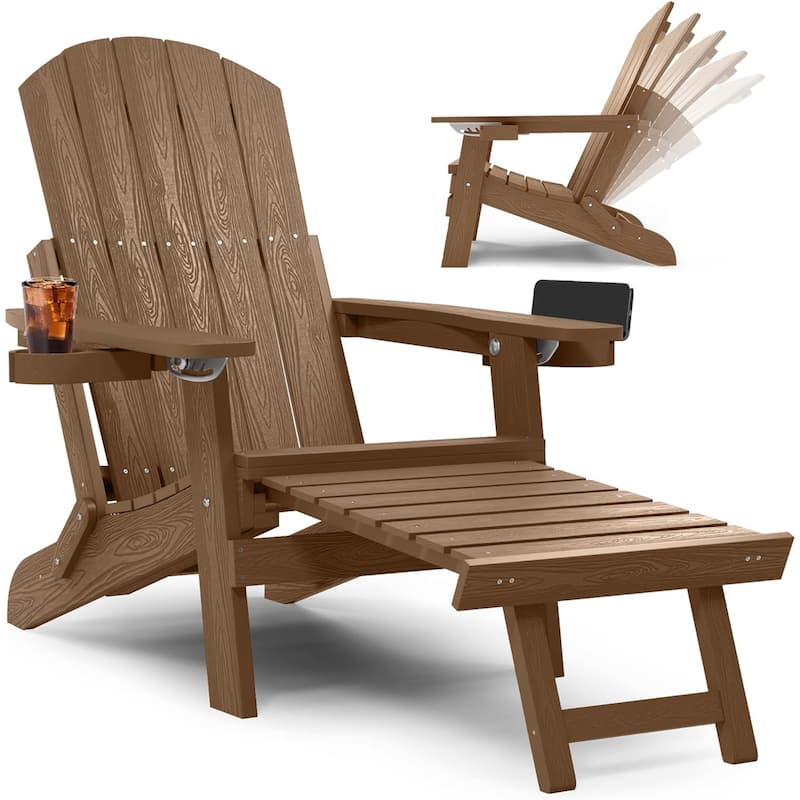 WINSOON All Weather HIPS Folding Adirondack Chair with Adjustable Backrest and Retractable Ottoman - Teak