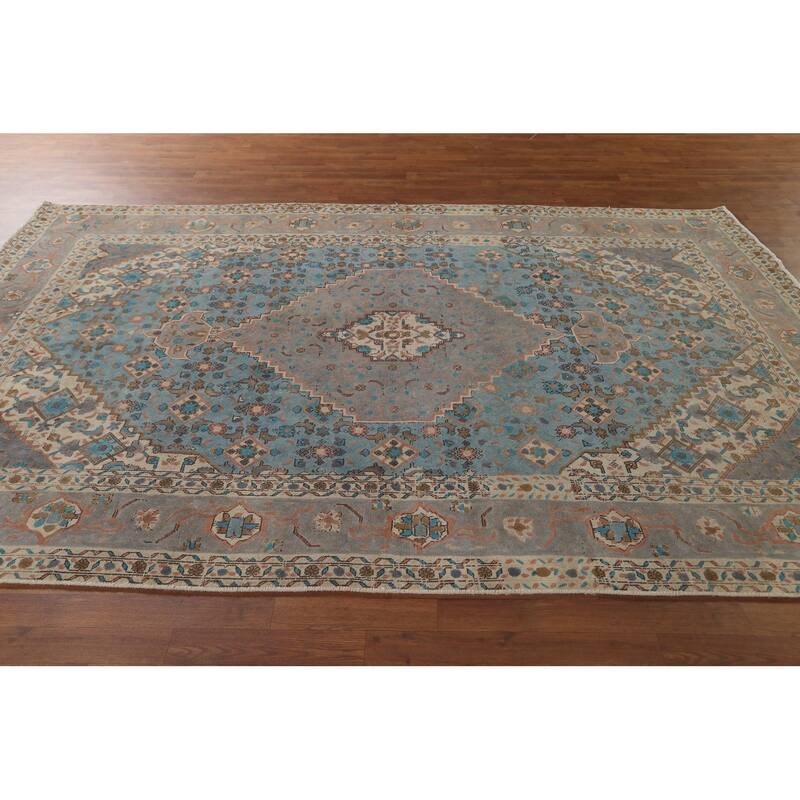 Blue Over-Dyed Tabriz Persian Vintage Rug Hand-Knotted Wool Carpet - 6'9"x 9'9"