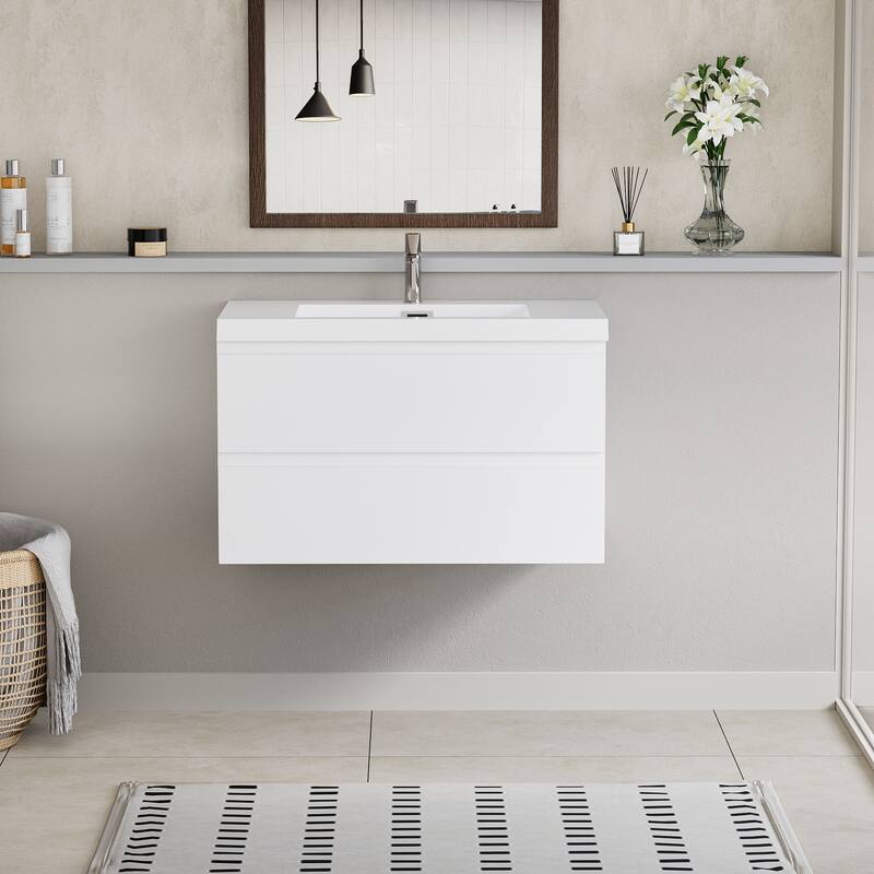 36" Modern Wall-Mounted Floating Bathroom Vanity with Sink, Drawers