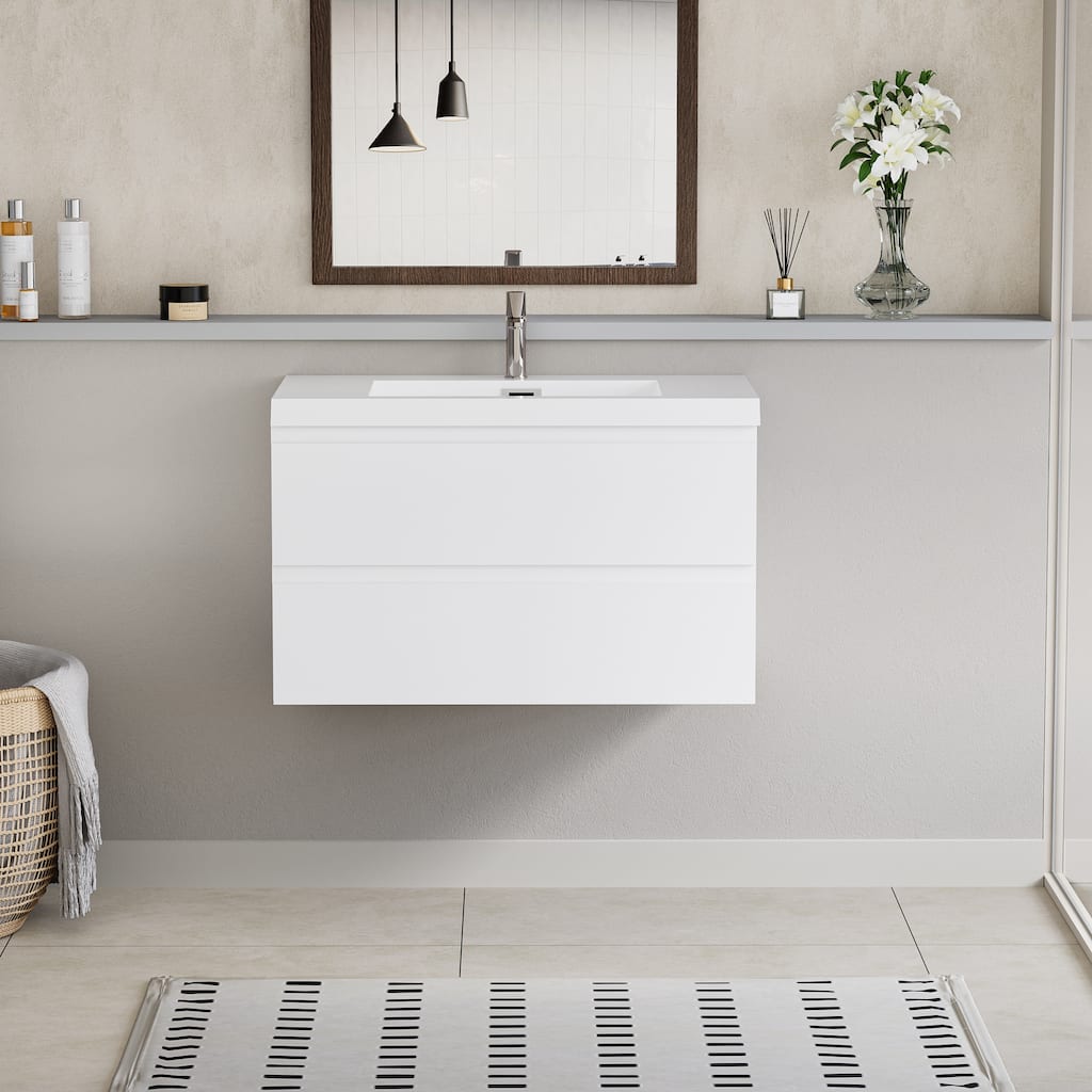 36"Bathroom Vanity with Sink,Modern Wall-Mounted Bathroom Storage Vanity Cabinet with Resin Top Basin and Soft Close Drawers