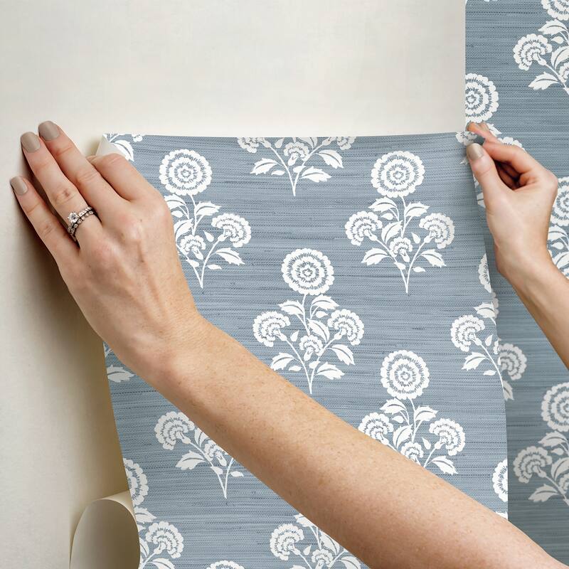 Society Social Flourish Block Print Mineral Blue Faux Grasscloth Peel and Stick Wallpaper