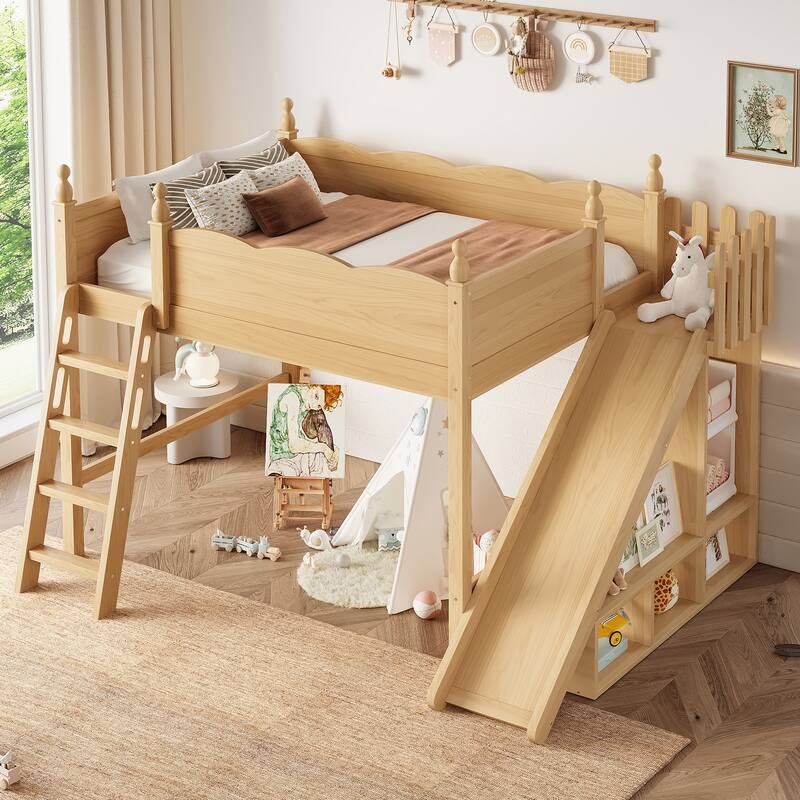 Fun Play Loft Bed for Kids with Open Shelves and Wardrobe, Solid Wood Storage Bed Frame with with Detachable Slide and Ladder - Natural - Full