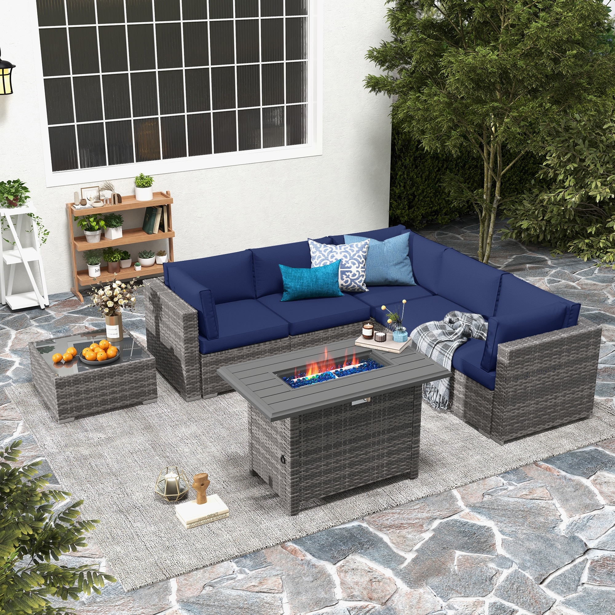 7 Piece Wicker Set Patio Sofa Furniture with Fire Pit And Table
