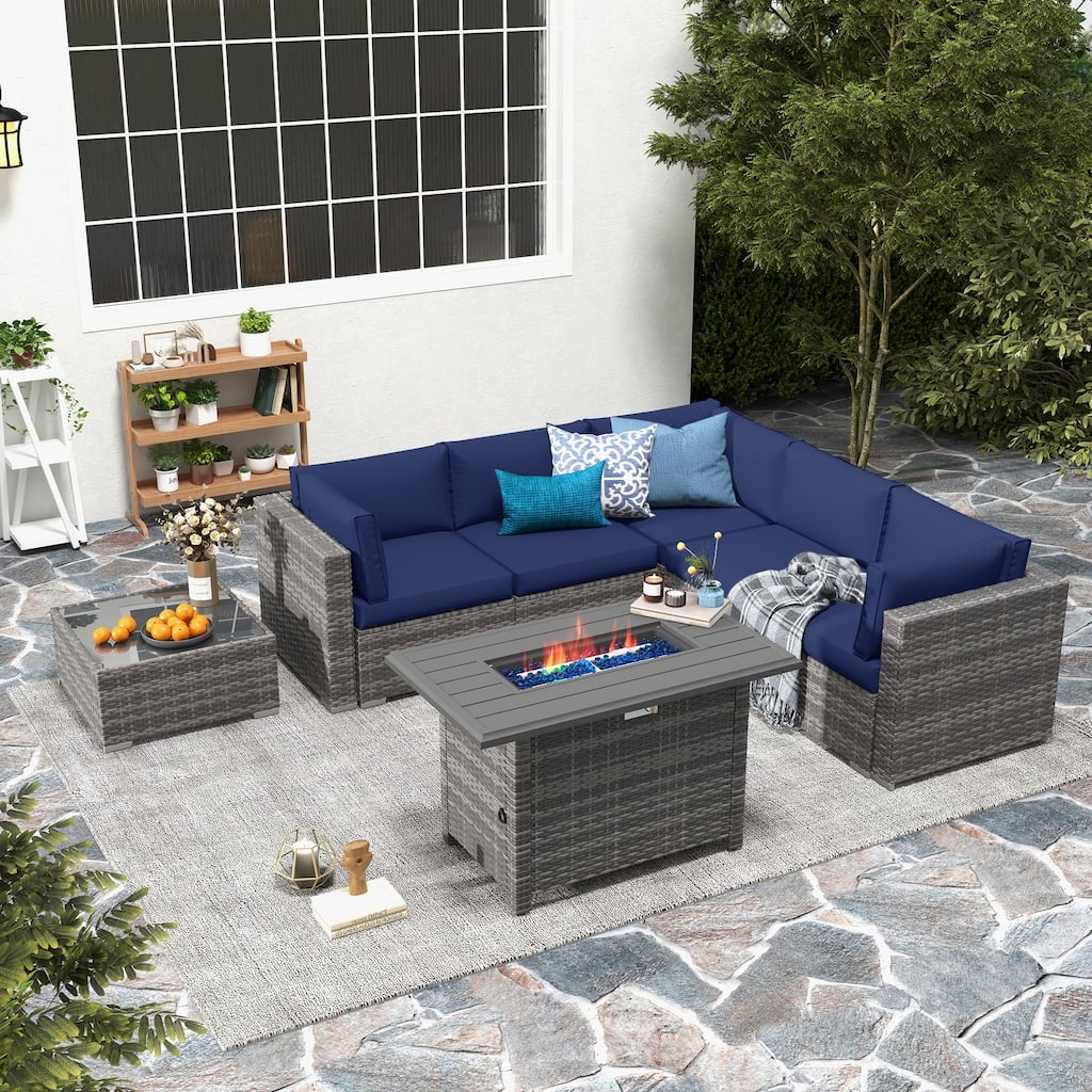 7 Piece Wicker Set Patio Sofa Furniture with Fire Pit And Table