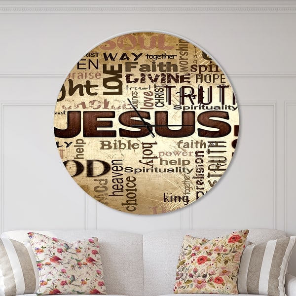 slide 2 of 10, Designart 'Jesus' word cloud in grunge background' Oversized Religious Wall CLock