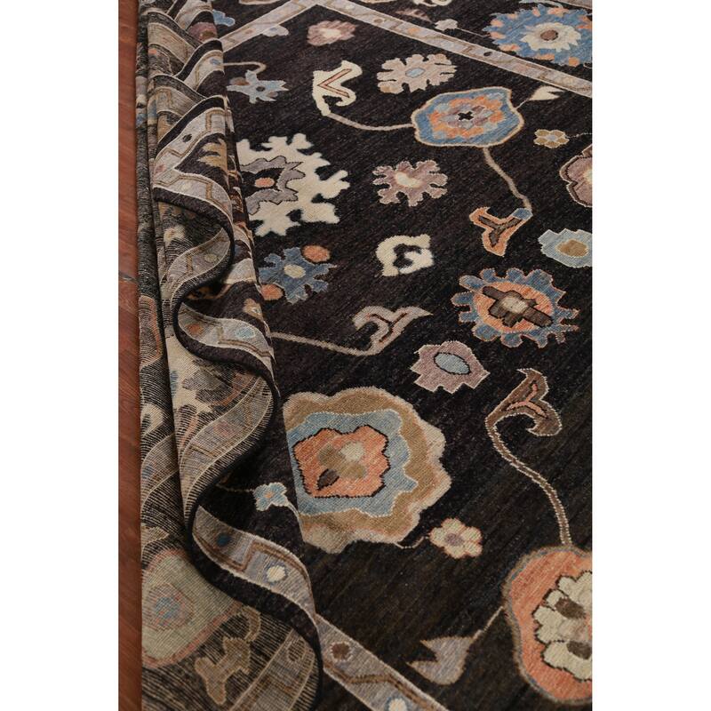 Hand Knotted Oriental 100% Wool Carpet Transitional All-Over Black Oushak Area Rug - 12' 5'' X 9' 0''