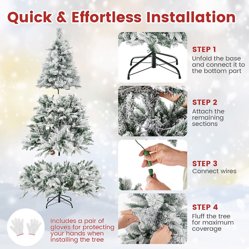 Gymax 4.5/6/7 FT Pre-Lit Artificial Christmas Tree Snow-Flocked Hinged