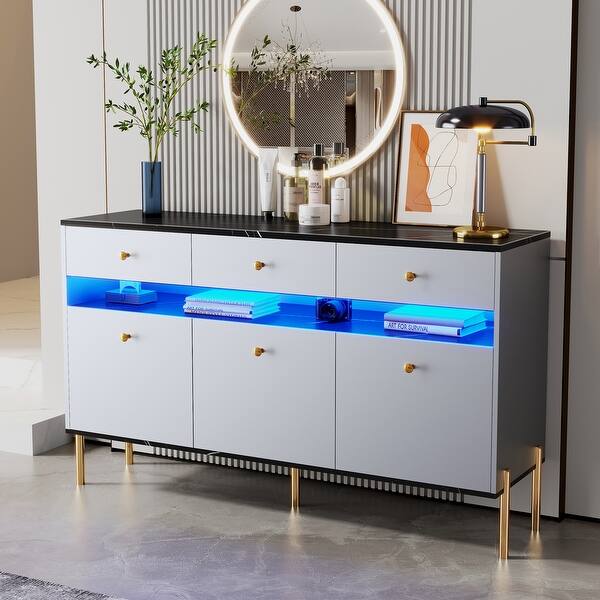 Gray Modern Dresser with LED Lights, Marble Top Panel, and Ample Storage,  Sturdy Frame, Space Saving, Smart LED Lights - Bed Bath & Beyond - 37828408