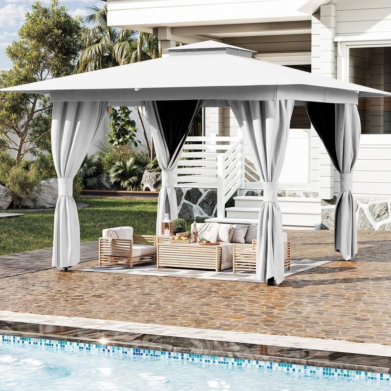 EROMMY Outdoor Gazebo with Double Roof, Heavy Duty Patio Canopy Tent with Netting and Curtains.