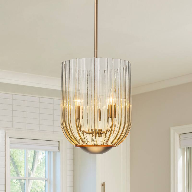 Modern Candle Style Round Reeded Taper Glass Shade Pendant 11in - Gold Glass