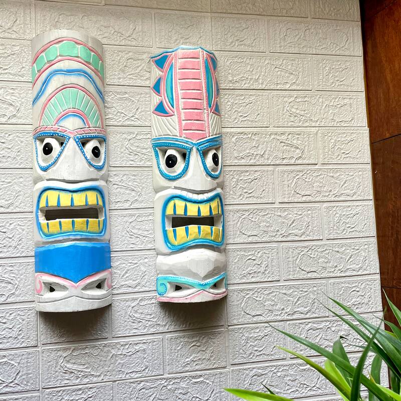 Set Of 2 - 20" Tiki Masks Hand-Carved Wood Wall Decor Indoor/Outdoor