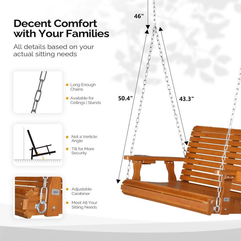 Upgraded 2-Person Wood Porch Swing with Cup Holders and Chains - N/A