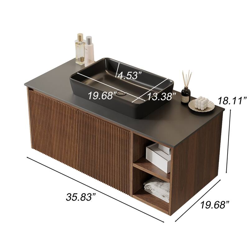 35.83'' Single Bathroom Vanity with Glossy Sintered Stone Top, Light Wood & Dark Wood