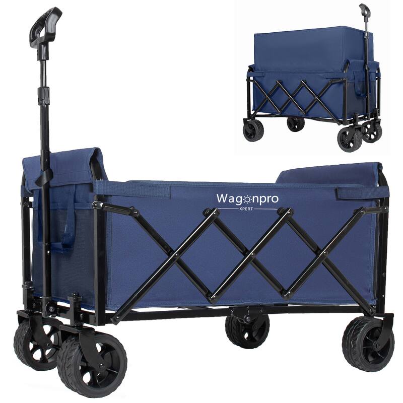 Upgraded 5*2"Wide Wheels-Expandable Dual-Layer Utility Wagon with 100% Extra Space, 220lbs Capacity Grocery Cart for Camping - Blue