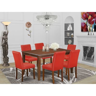 Dining Room Table Set 7 Piece - Rectangular Table with 6 Parson Chairs - Firebrick Red Faux Leather