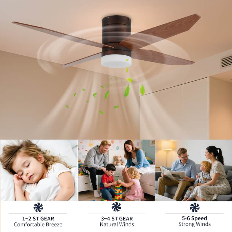 52 in. Modern Rustic Ceiling Fan with 3 Color Light, 4 Wood Blades, DC Motor, 6 Speed for Bedroom or Living Room