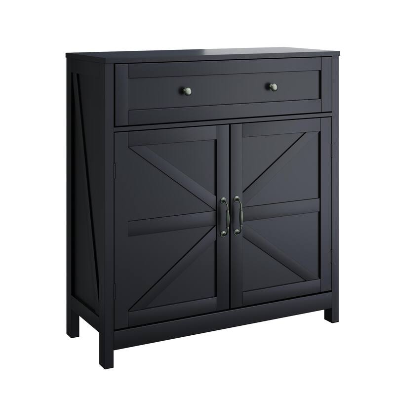 Anmytek Black Farmhouse Storage Cabinet with Drawer and Adjustable Shelf Barn Door Style for Bathroom and Kitchen