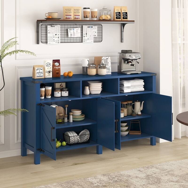 Modern 4-Door Sideboard Buffet with Power Outlets Adjustable Shelves and Half-Open Storage Design