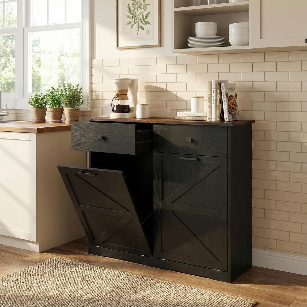 Homy Casa Farmhouse Double Tilt-Out Trash Cabinet, 20/10 G Recycling Bin, Barn Door Laundry Sorter with Drawer, Kitchen Tilt Out