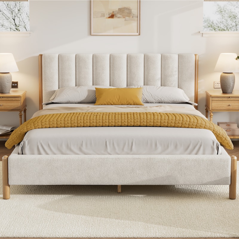 Christopher Knight Home - Elias Boucle Upholstered Bed Frame with Thick Headboard & Solid Wood Legs - White - Queen