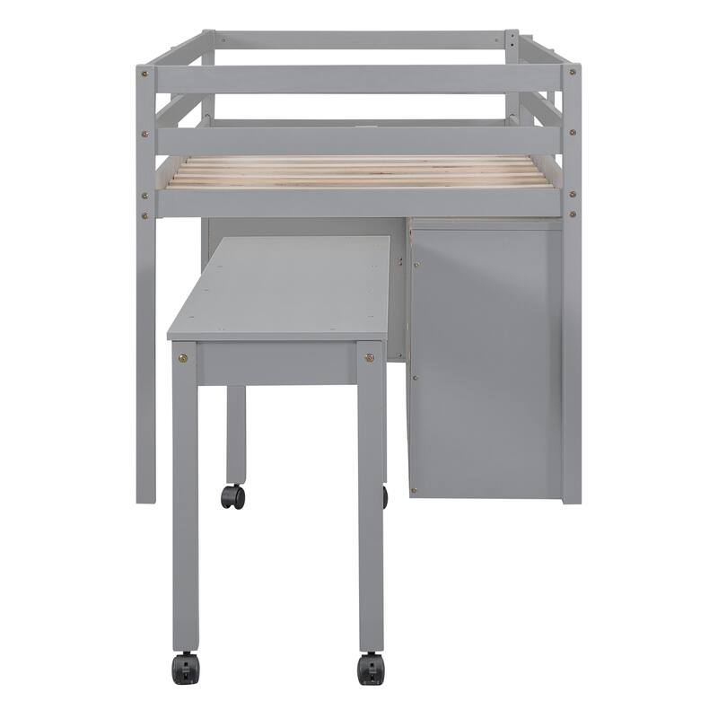 Solid Wood Loft Bed with Retractable Desk and Drawers