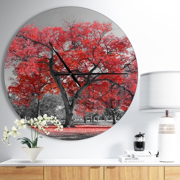 slide 2 of 10, Designart 'Big Red Tree on Foggy Day' Oversized Floral Wall CLock 23 in. wide x 23 in. high