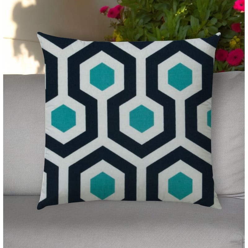 HomeRoots 20" Aqua Navy and White Geometric Indoor Outdoor Throw Pillow Cover - 19.5' X '19.5' X '0.25 - Aqua Navy and White - 19.5' X '19.5' X '0.25