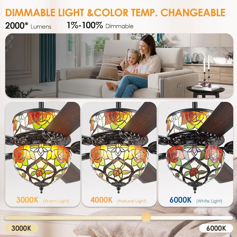 50" TiffanyTropical Ceiling Fan with 5 Palm Leaf Bllades and Vintage Cover Waterproof for Indoor and Outdoor Patio