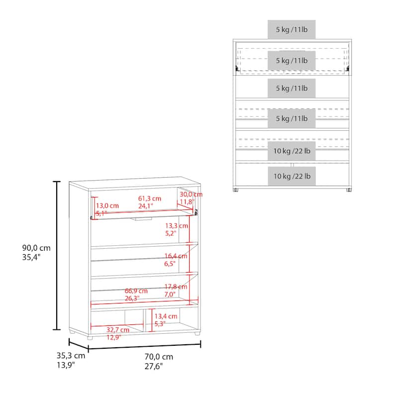 Shoe Rack, 3-Tier, One Drawer, Five Shelves, Shoe Storage, White