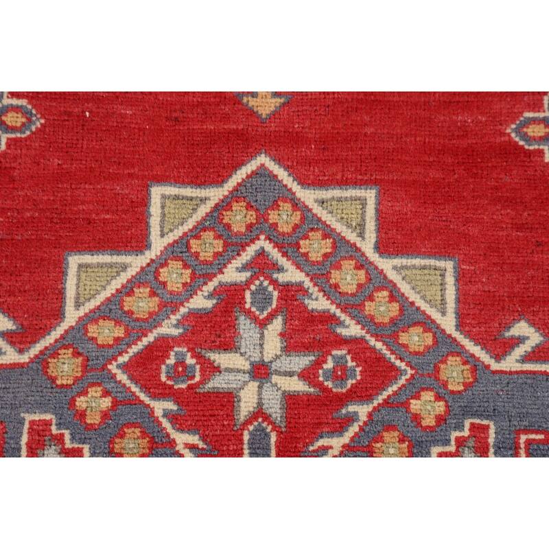 Oriental Red Geometric Kazak Area Rug Hand-Knotted Wool Carpet - 6'5" x 9'8"