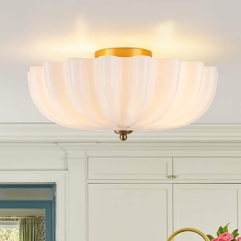 Chic Modern 3-Light Shell Scalloped Glass Semi-Flush Mount - 15 in - Brass - Glossy Glass