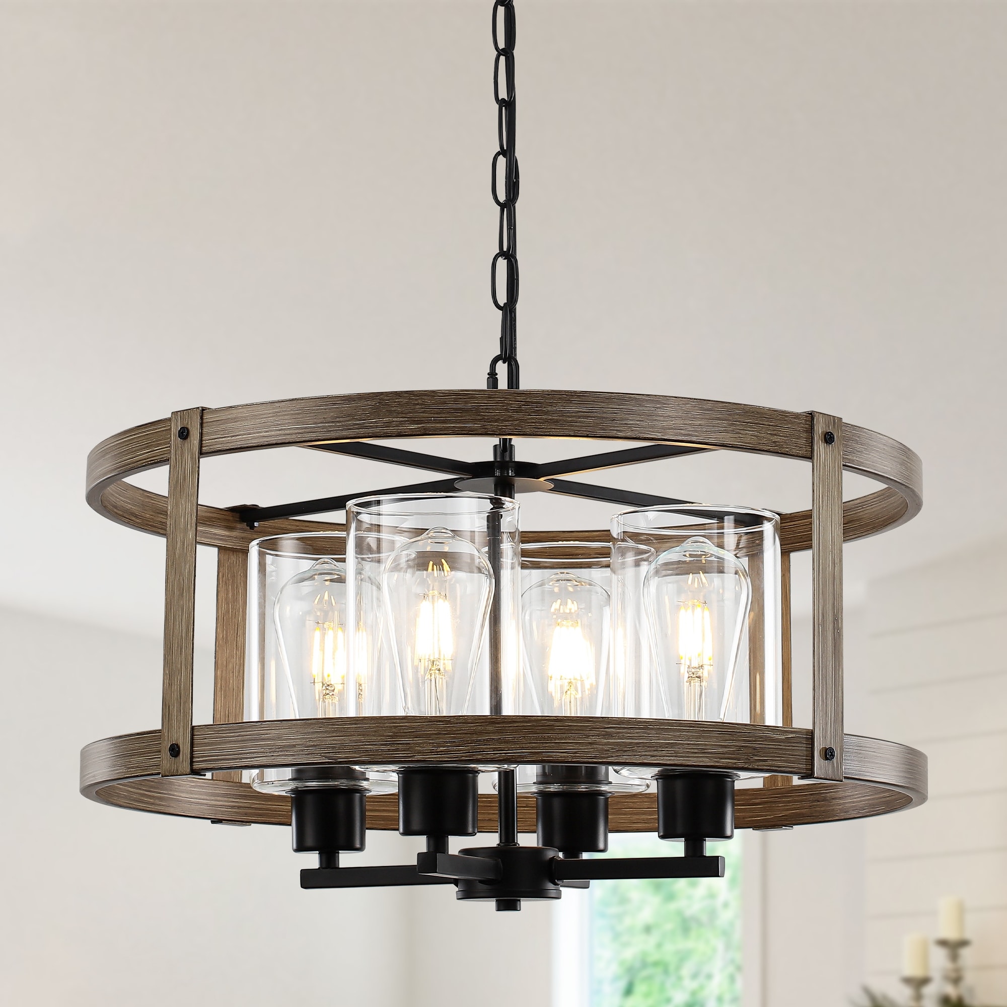 Zjvaive 4-Light Drum Farmhouse Chandelier with Clear Glass Shade for Kitchen Bedroom Foyer