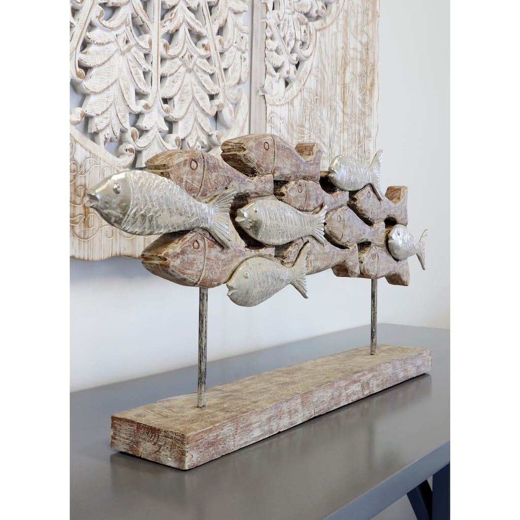 StyleCraft Native School Two Tone Carved Natural Wood School of Fish Table Top Sculpture on Wood Base