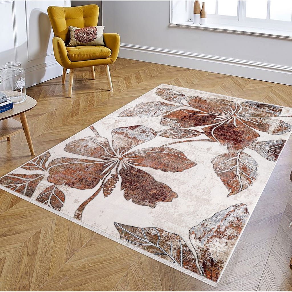 Anna Collection Floral Beige/Red/Grey Area Rug