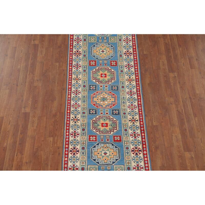 Blue Geometric Kazak Runner Rug Hand-Knotted Oriental Wool Carpet - 2'8" x 9'6"