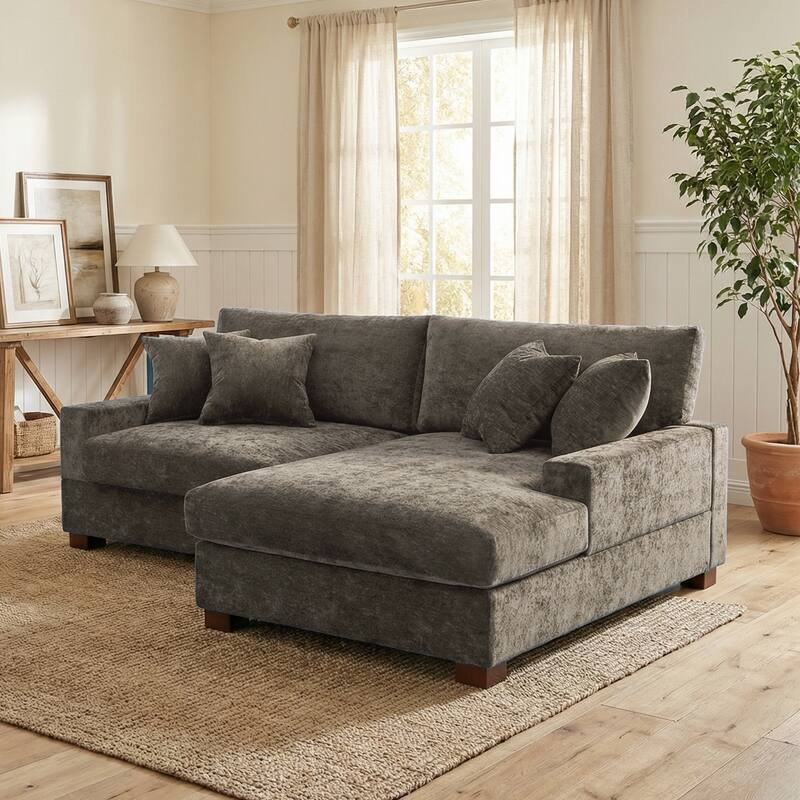 2 Set Chenille Upholstered Modular Sectional Sofa Chaise with Pillows - Camel-Sofa L+Chaise R - Right Facing