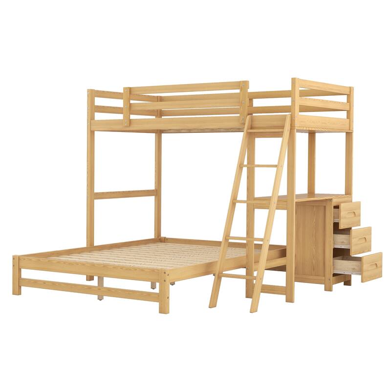 Twin over Full L-Shaped Bunk Bed Multi-Functional Pine Wood Bunk Bed Frame with All-in-One Desk and 3 Drawers