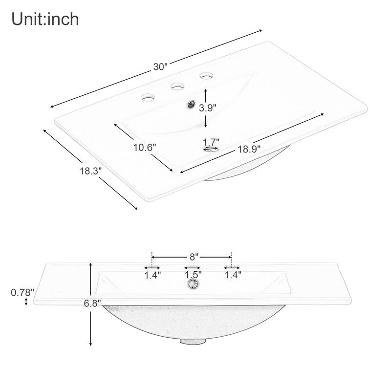 30" Modern Bathroom Vanity with Sink Top, Cabinet with Raised Panel Design and Dual Drawers, Painted Finish