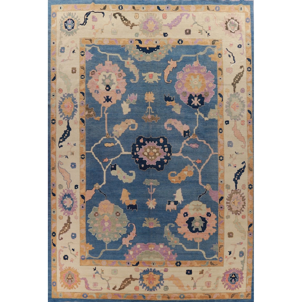 Hand Knotted Oriental 100% Wool Carpet Transitional All-Over Navy Blue & Blues Oushak Area Rug - 15' 7'' X 12' 3''