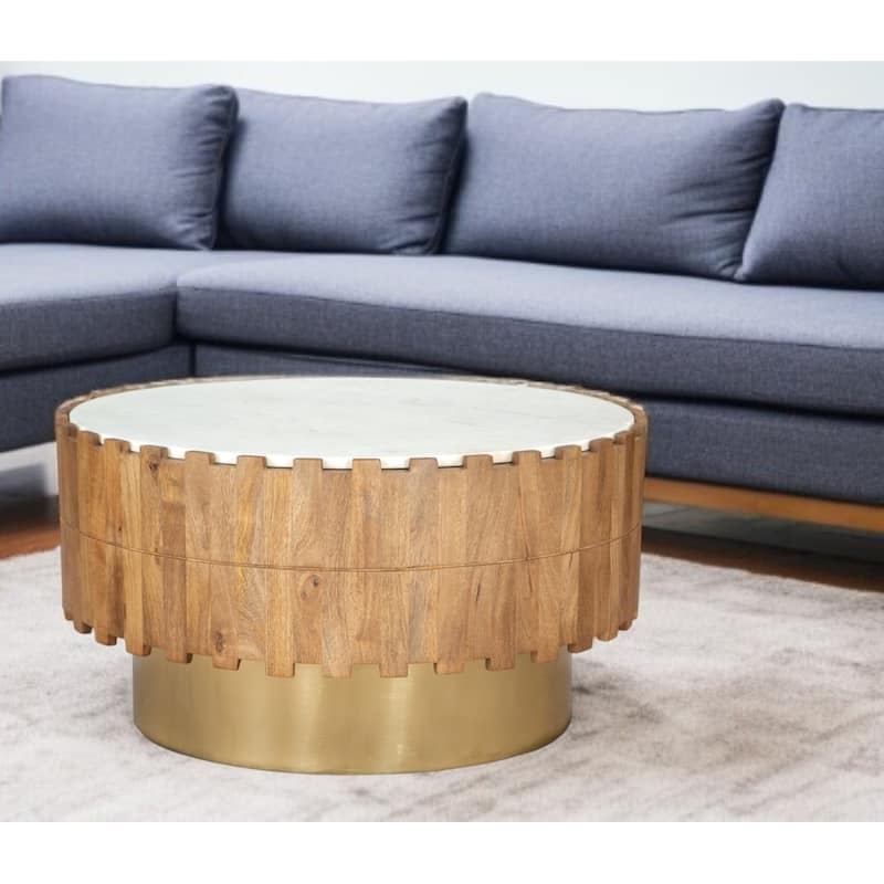 HomeRoots 31" Gold Natural And White Iron Wood And Faux Marble Round Block Coffee Table - 31 in. x 16.1 in. x 31 in. - White