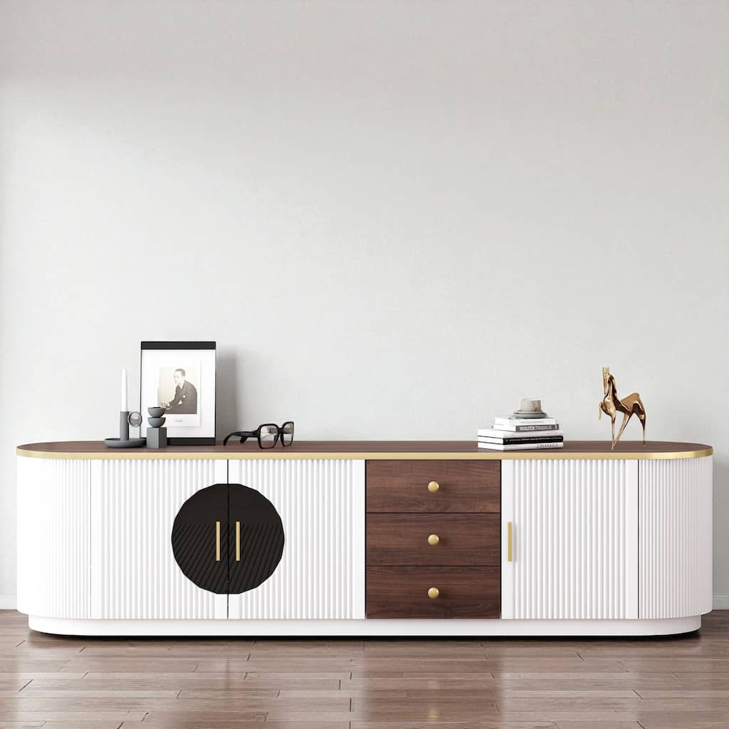 70.8'' Modern TV Stand for TVs up to 80'', Entertainment Center with 3 Drawers, 2 Cabinets & Glass Doors for Living Room