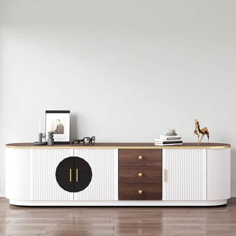 70.8'' Modern TV Stand for TVs up to 80'', Entertainment Center with 3 Drawers, 2 Cabinets & Glass Doors for Living Room - White