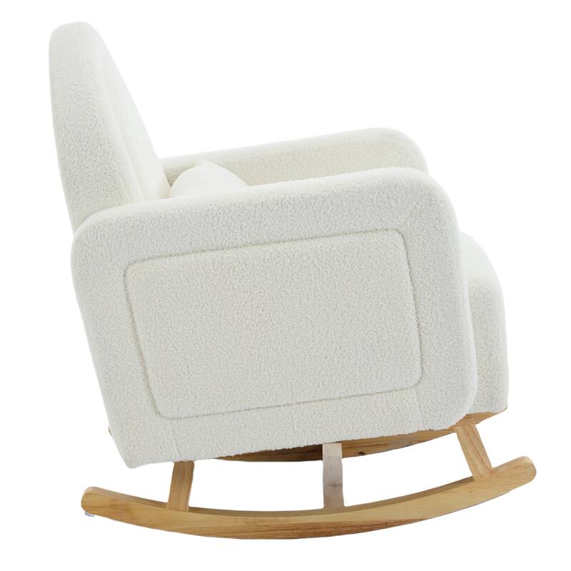 Wooden Base Nursery Rocking Chair, Cream White Accent Chair Lounge Chair with Curved Back & Pillow