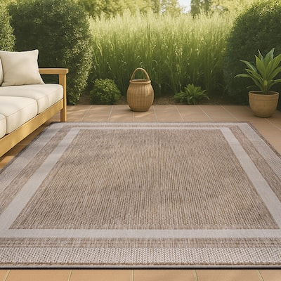 JONATHAN Y Hali Classic 3-Stripe Border Beige/Cream Indoor/Outdoor Area Rug