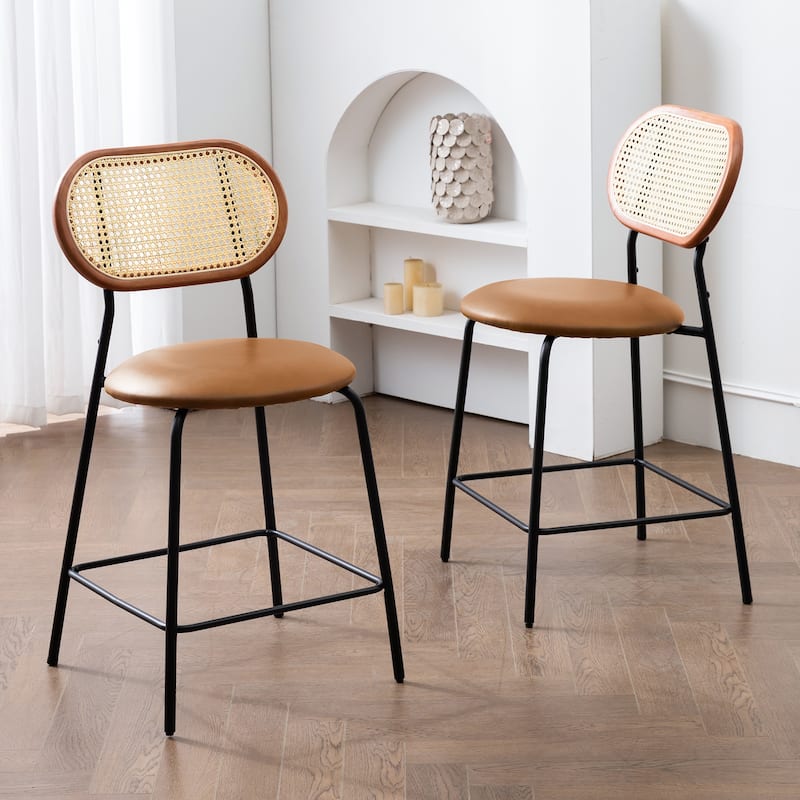 24 in. Rattan Counter Height Bar Stools with Faux Leather Seat (set of 2)